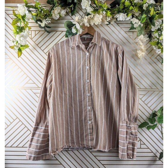 OAK FORT Women's Tan White Striped Button Up Blouse Flare Sleeve Size OS - Picture 1 of 9